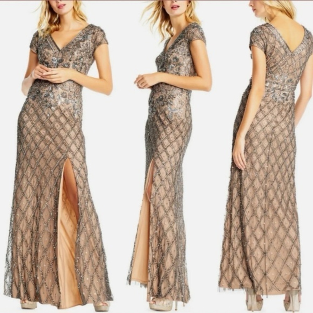 Adrianna Papell Embroidery Sequin Beading Evening Gown